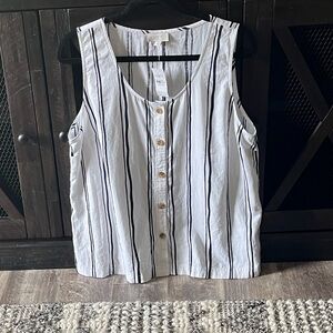 NWT LOFT Linen Blend Striped Button Front Top Sz: L